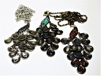 Lot Two Peacock Enamel Necklaces With Pendants Plus One Pendant