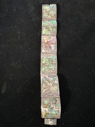 Vintage Mexican Sterling & Abalone Shell Hinged Panel Bracelet