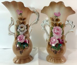 2 Vintage Handpainted Pink Rose Scalloped Top Lippor & Mann Vases