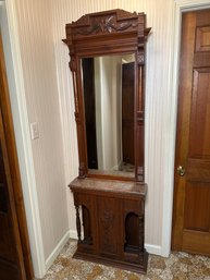 Antique Victorian Mahogany Parlor Entry Vanity With Mirror & Marble Shelf