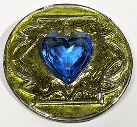 Vintage Enamel And Blue Glass Heart Shaped Stone Brooch