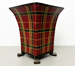 A Footed Wastebasket In Tartan Plaid