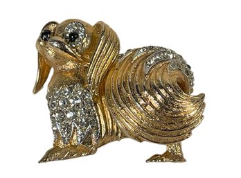 Rare Jeweled Gold Tone Pekingese Dog Brooch By Boucher