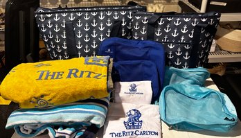 2 BocaBag Insulated Totes - Ritz Carlton Bags & Towel, 2 Striped Beach/ Pool Towels, 4 Travel Pouches    BSMNT