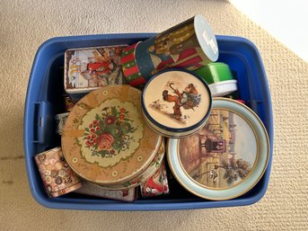 Box Lot: A Large Plastic Storage Tub Full Of Decorative Tins