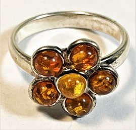 Sterling Silver Genuine Amber Floral Form Ladies Ring Size 6`