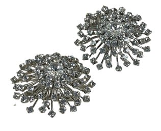 Pair Large Vintage White Rhinestone Brooches Round