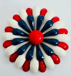 LARGE VINTAGE RED, WHITE AND BLUE ENAMEL THIN METAL BROOCH