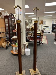 Two Wood Floor Lamps With  Brass Bases