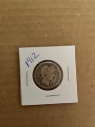 Beautiful 1912 Barber Quarter, Silver Coin