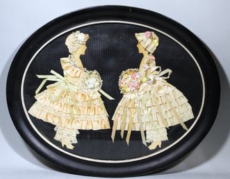 Vintage Ribbon Doll Framed Picture Two Dolls In Oval Frame