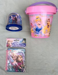 Disney & Frozen Lot Of 3 Items - Snow Globe, Princess Sand Bucket & Personal Journal / Diary