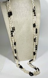 14K Gold Black Onyx And Fresh Water Pearl Multi Strand Necklace