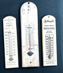 Three Vintage Thermometers From The Newfield Bank & Trust Co., Nothnagles Home Furnishings Bpt, CT And More