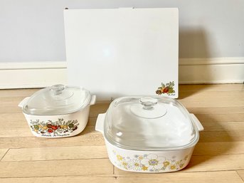 Corning Ware 3 & 4 Quart Bakers In Floral Bouquet & Spice Of Life Patterns With Matching Counter-Saver