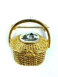 Figural Vintage Goldtone Fishing Basket W/ S---- On Top Design