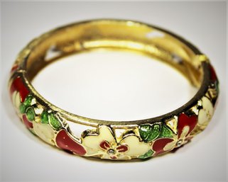 Gold Tone Enamel Hinged Bangle Bracelet Floral Motif