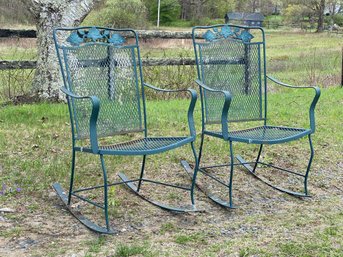 A Pair Of Green Mesh Metal Rocking Chairs