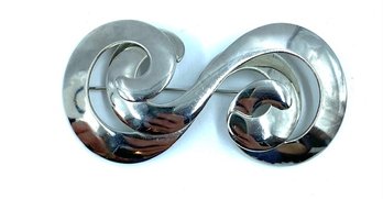 Large Silvertone Figural 'S' Or Geometric Swirl Brooch