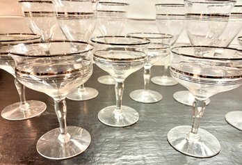 Set Of 12- Art Deco Platinum Banded Wine And Champagne Glasses