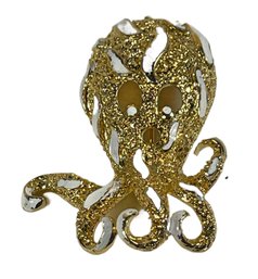 Vintage Gold Tone White Enamel Octopus Brooch Great Quality