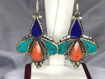 Wonderful Brand New 925 / Sterling Silver Earrings - Handmade In Bali - Coral - Turquoise - Lapis Lazui