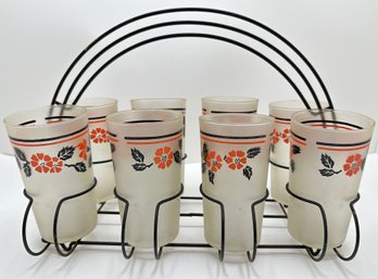 Set 8 Mid Century Hall China Red Poppy Pattern Frosted Tumbler Glasses In Iron Carrying Caddy