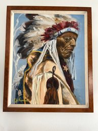Superb Vintage Signed Oil Painting Of A NATIVE AMERICAN Chief In Burled Wood Frame