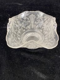 Elegant Cambridge Rose Point Etched Glass Footed Two Handle Basket Candy Dish