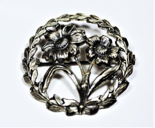 Vintage Sterling Silver Floral Round Brooch Pin