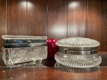 Pair Of Vintage Cut Glass And Silverplate Trinket Dresser Boxes.