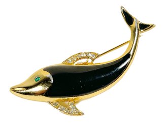 Vintage Gold Tone Black Enamel And Rhinestone Brooch Dolphin