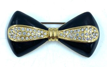 Vintage Goldtone, Black Enamel, & Rhinestone Bowtie Brooch