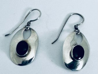 VINTAGE SIGNED MF STERLING SILVER AND ONYX DANGLE EARRINGS