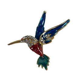 Gold Tone Rhinestone And Enamel Hummingbird Brooch