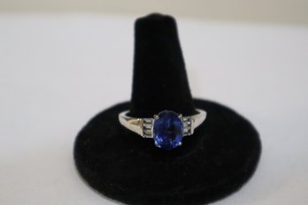 925 Sterling Silver With Blue Center Stone And Clear Baguettes Ring Size 11 Marked STS Chuck Clemency