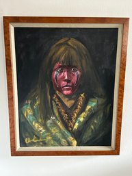Superb Vintage Signed Oil Painting Of A Somber Hopi Indian Girl