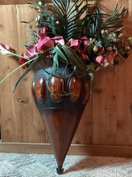 Super Large, Gray And Rust Metal Wall Vase With Silk Flowers 28 X 15