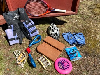 Sporting Goods: O'Brien Life Jacket, Schwinn Bike Helmet, Mountain Hard Wear Gaiters, Head Radical Pwr Tennis