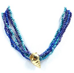 3 Strands Of Hues Of Blue Stone W/ Goldtone Shell Scarf Holder As Clasp/pendant