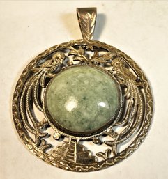 Large Vintage South American Sterling Silver Pendant W Parrots And Jade Stone