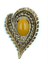 Elegant Bronzetone Brooch W/ Saffron Cabochon