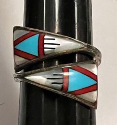 VINTAGE NATIVE AMERICAN SIGNED BF ZUNI STERLING SILVER INLAID WRAP RING