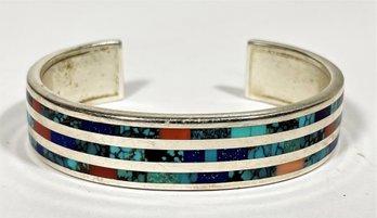 Robin Banteah Lapis, Turquoise And Coral Inlay Sterling Silver Cuff Bracelet Signed