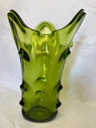 Vintage Mid Century Modern Art Glass Vase- Pinched Body In Avocado Color