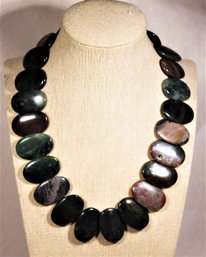 Gold Tone Large Jasper Hard Stone Oval Disc Beaded Necklace 16' Long