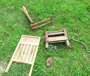 Antique Laundry Lot With Iron Wringer And Washboard