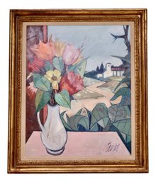 Charles Levier  Artist  Dans Le Jardin Still Life Of Flowers In Vase  With Landscape In Foreground