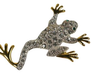 Contemporary Silver Tone Frog Brooch W Rhinestones Green Eyes