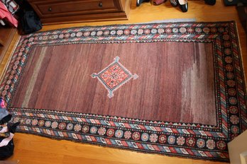 48x89 Wine And Black Hand-made Wool Oriental Rug With Pad  (shows Wear)